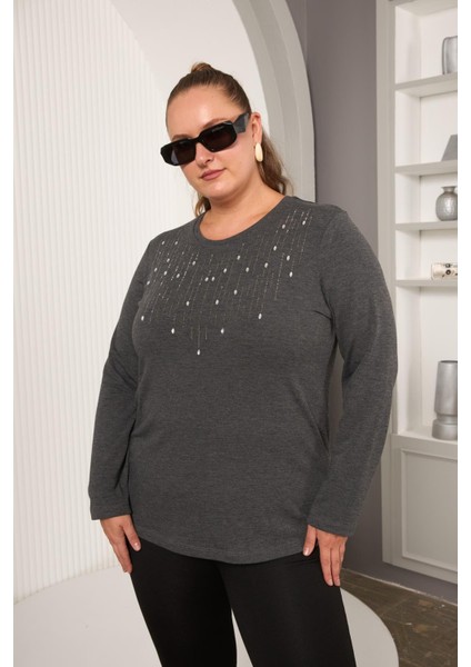 Büyük Beden Önü Taş Detay Bluz Antrasit