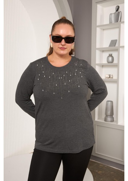 Büyük Beden Önü Taş Detay Bluz Antrasit modelleri