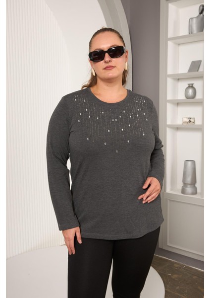 Büyük Beden Önü Taş Detay Bluz Antrasit fırsatları