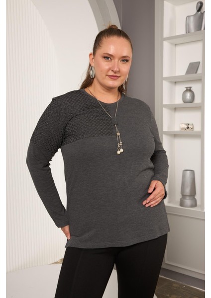 Büyük Beden File ve Kolye Detay Bluz Antrasit modelleri