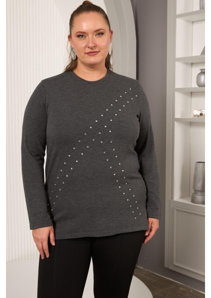 Büyük Beden Geometrik Taşlı Bluz Antrasit