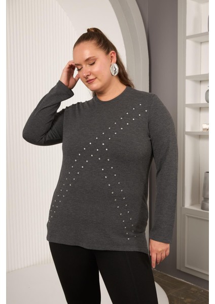 Büyük Beden Geometrik Taşlı Bluz Antrasit modelleri