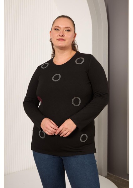 Çember Taş Işlemeli Büyük Beden Bluz Siyah