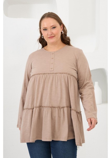 Düğme Detaylı Fırfırlı Büyük Beden Tunik Vizon