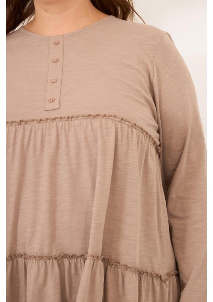 Düğme Detaylı Fırfırlı Büyük Beden Tunik Vizon fiyatları