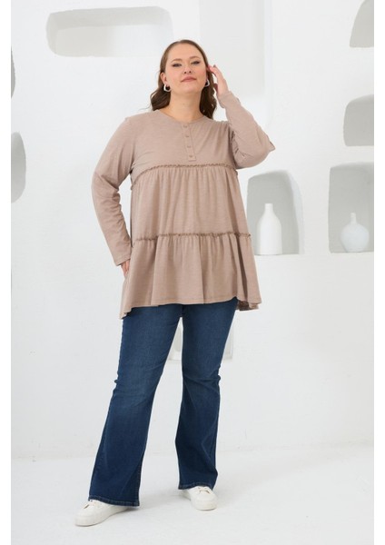 Düğme Detaylı Fırfırlı Büyük Beden Tunik Vizon fırsatları