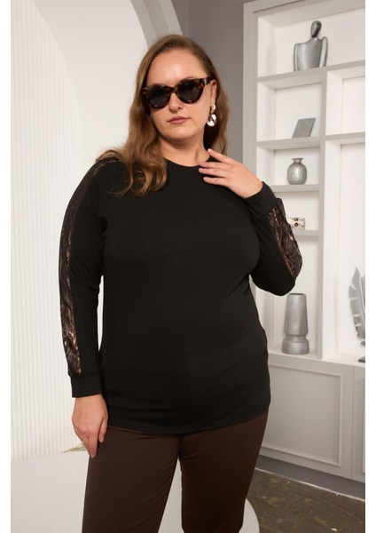 Büyük Beden Kolu Dantel Detay Bluz Siyah
