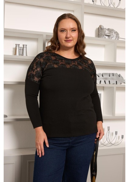 Büyük Beden Kordone Dantel Garnili Bluz Siyah