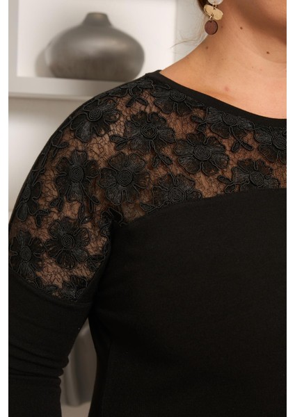 Büyük Beden Kordone Dantel Garnili Bluz Siyah fiyatları