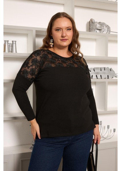 Büyük Beden Kordone Dantel Garnili Bluz Siyah indirimleri