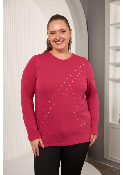 Büyük Beden Geometrik Taşlı Bluz Violet