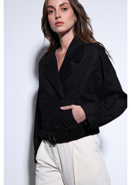 Siyah Kruvaze Kısa Kadın Trençkot indirimleri