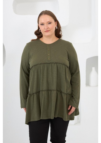 Düğme Detaylı Fırfırlı Büyük Beden Tunik Haki
