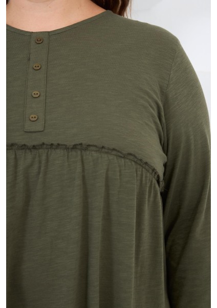 Düğme Detaylı Fırfırlı Büyük Beden Tunik Haki fiyatları