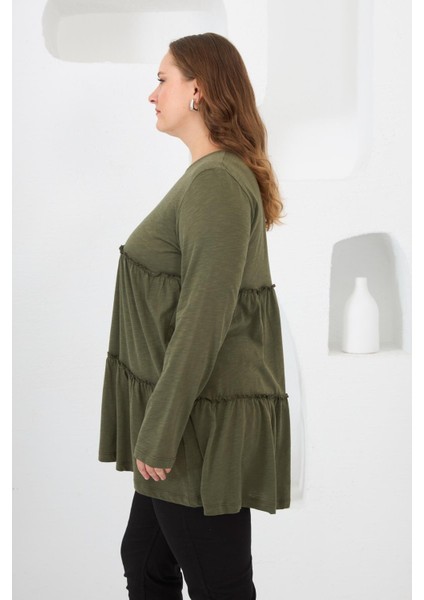 Düğme Detaylı Fırfırlı Büyük Beden Tunik Haki modelleri