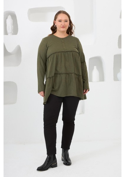 Düğme Detaylı Fırfırlı Büyük Beden Tunik Haki fırsatları