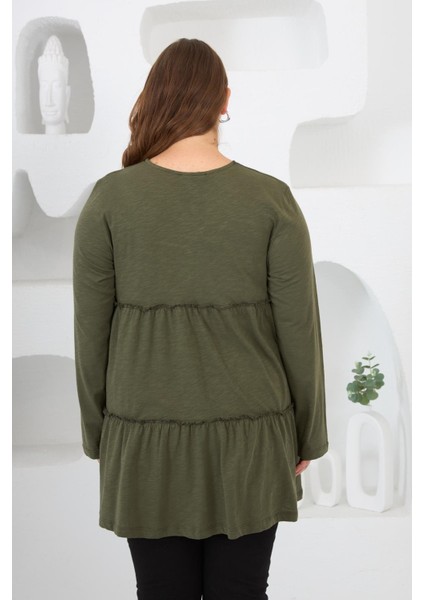 Düğme Detaylı Fırfırlı Büyük Beden Tunik Haki indirimleri