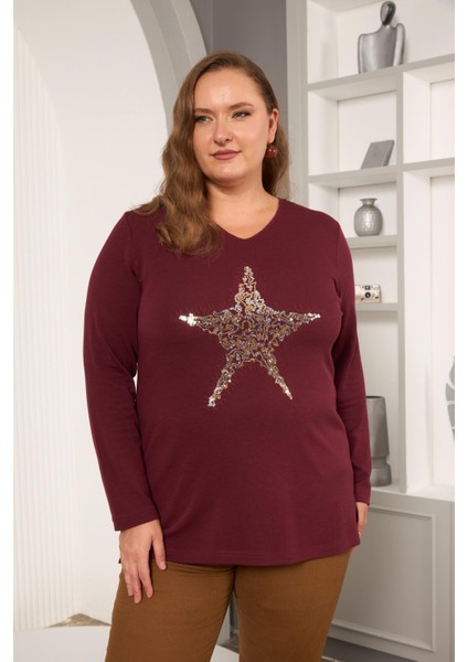 Büyük Beden Yıldız Pul Payet Nakış Detay Bluz Bordo