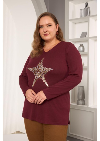 Büyük Beden Yıldız Pul Payet Nakış Detay Bluz Bordo fiyatları