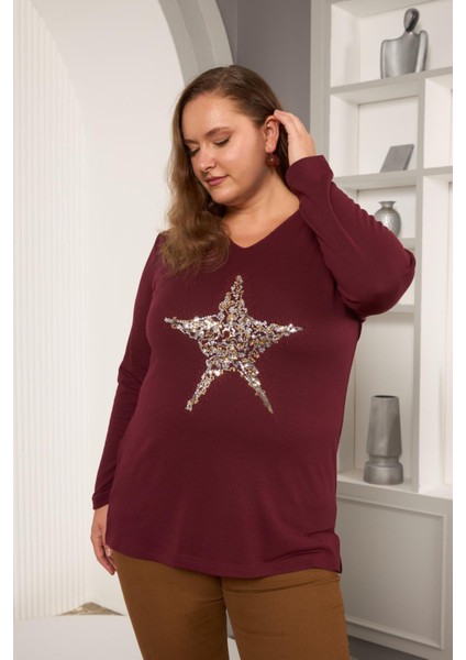 Büyük Beden Yıldız Pul Payet Nakış Detay Bluz Bordo modelleri