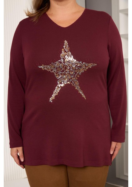 Büyük Beden Yıldız Pul Payet Nakış Detay Bluz Bordo fırsatları