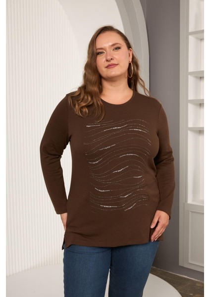 Büyük Beden Taş Detay Bluz Kahve