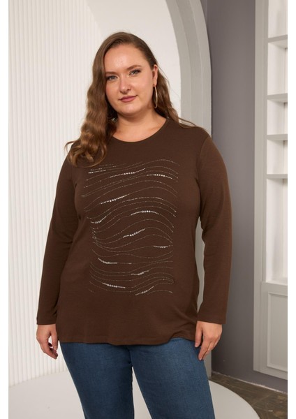 Büyük Beden Taş Detay Bluz Kahve modelleri