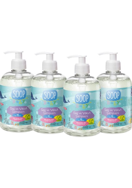 Bebek Saç Ve Vücut Şampuanı 4 x 500 ml |Vegan Ve Hipoalerjenik Pudra Kokulu|Göz Yakmaz |Doğal ve Nazik