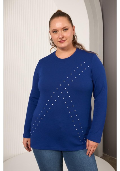 Büyük Beden Geometrik Taşlı Bluz Saks