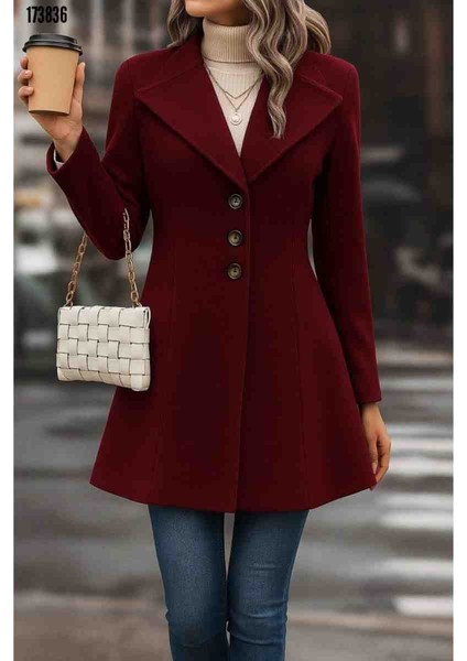 Kadın Uzun Kollu Yakalı Önden Düğmeli Kısa Kaşe Kaban, Kırmızı Gül Figürlü Kolye Hediye modelleri