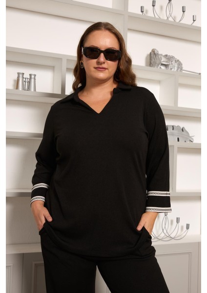 Büyük Beden Kol Nakış Detay Örme Bluz Siyah