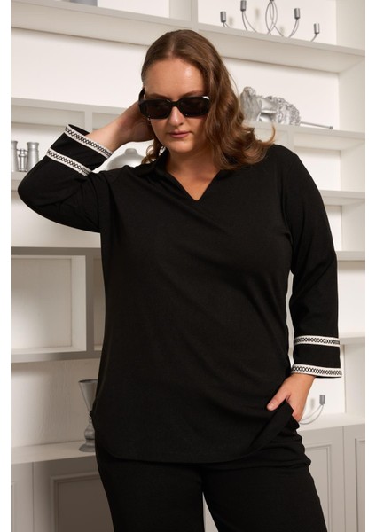 Büyük Beden Kol Nakış Detay Örme Bluz Siyah fiyatları