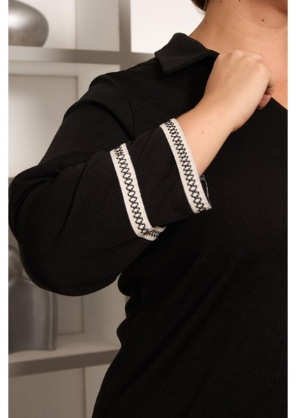 Büyük Beden Kol Nakış Detay Örme Bluz Siyah modelleri