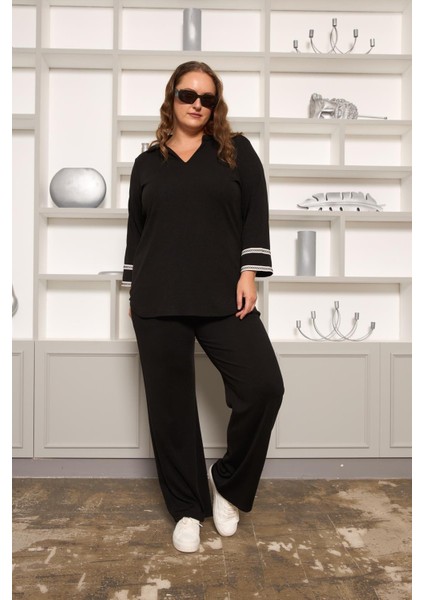 Büyük Beden Kol Nakış Detay Örme Bluz Siyah indirimleri