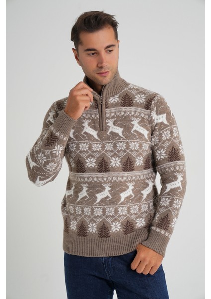 Erkek Kısa Fermuarlı Dik Yaka Jakarlı Geyikli Yün Yılbaşı Kazak TRIST-5362 fiyatları