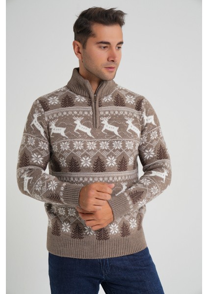 Erkek Kısa Fermuarlı Dik Yaka Jakarlı Geyikli Yün Yılbaşı Kazak TRIST-5362 indirimleri