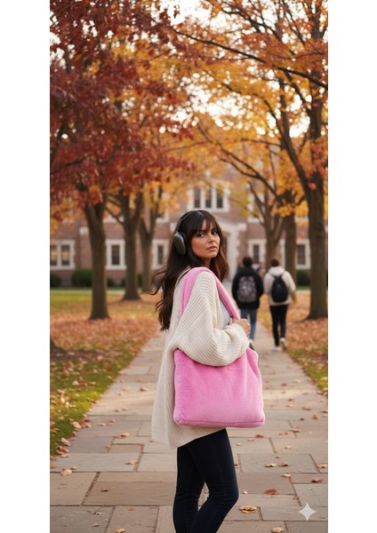 Cindy Pink Laptop Tote / Kadın Peluş Toscana Bilgisayar Çantası 42X34 Sap 65 cm