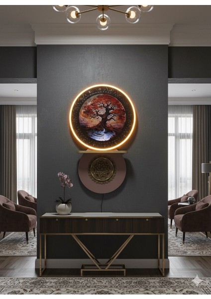 LED Aydınlatmalı Modern Tasarım Ahşap Duvar Tablosu Yuvarlak modelleri