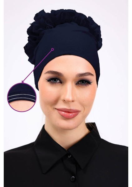 Kaymayan Fırfırlı Silikonlu Dikişsiz Bone - Kaymaz Kadın Tesettür Bağlamalı Iç Bone Lacivert