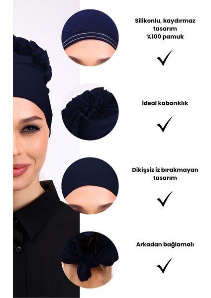 Kaymayan Fırfırlı Silikonlu Dikişsiz Bone - Kaymaz Kadın Tesettür Bağlamalı Iç Bone Lacivert modelleri