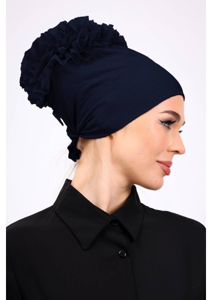 Kaymayan Fırfırlı Silikonlu Dikişsiz Bone - Kaymaz Kadın Tesettür Bağlamalı Iç Bone Lacivert indirimleri