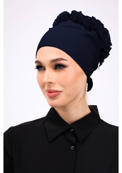 Kaymayan Fırfırlı Silikonlu Dikişsiz Bone - Kaymaz Kadın Tesettür Bağlamalı Iç Bone Lacivert