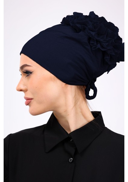 Kaymayan Fırfırlı Silikonlu Dikişsiz Bone - Kaymaz Kadın Tesettür Bağlamalı Iç Bone Lacivert