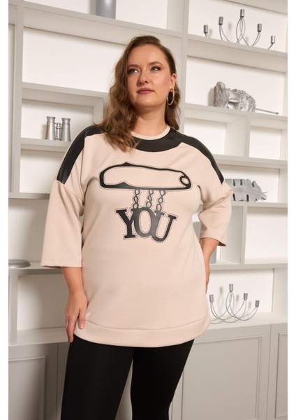 Büyük Beden Taş ve Deri Detaylı Bluz Krem