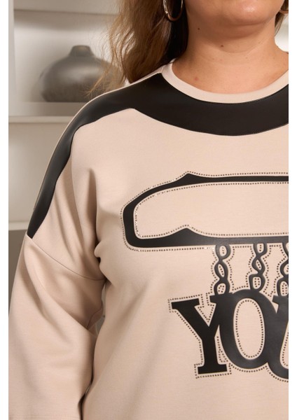 Büyük Beden Taş ve Deri Detaylı Bluz Krem fiyatları