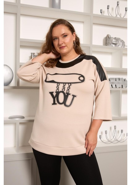 Büyük Beden Taş ve Deri Detaylı Bluz Krem modelleri