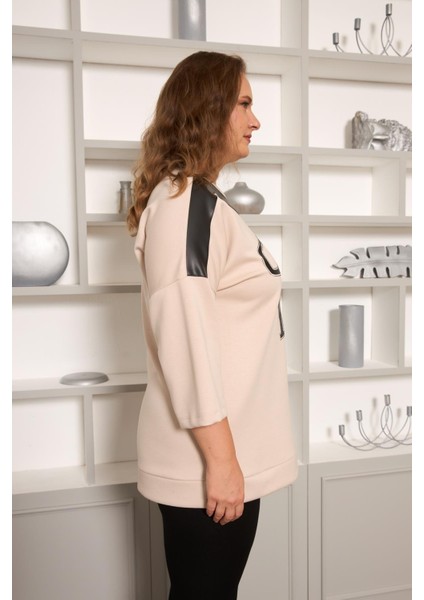 Büyük Beden Taş ve Deri Detaylı Bluz Krem fırsatları