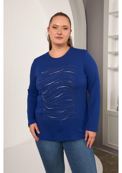 Büyük Beden Taş Detay Bluz Saks