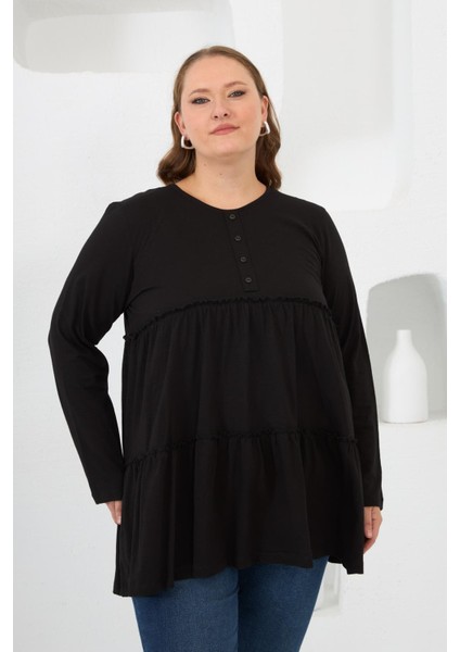 Düğme Detaylı Fırfırlı Büyük Beden Tunik Siyah