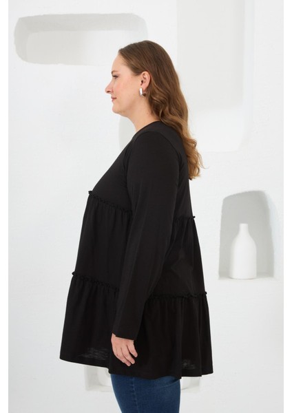 Düğme Detaylı Fırfırlı Büyük Beden Tunik Siyah modelleri
